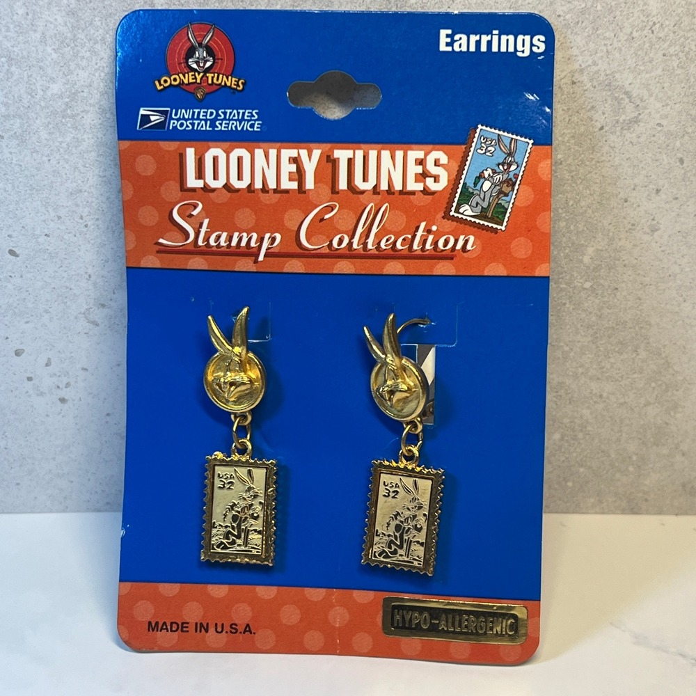 Vintage Looney Tunes USPS Stamp Earrings Bugs Bunny 90s Kidcore Gold Tone